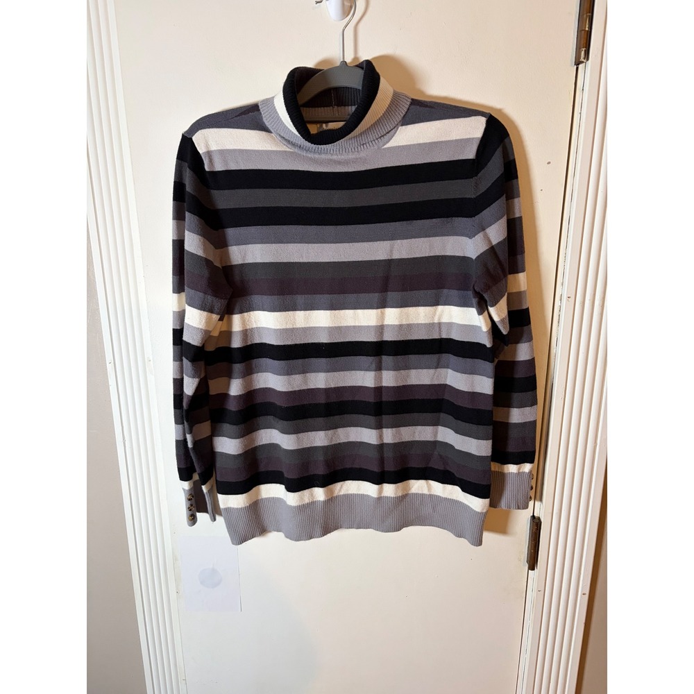 Christopher & Banks Striped Turtleneck Sweater Grey Black White Button Cuff L